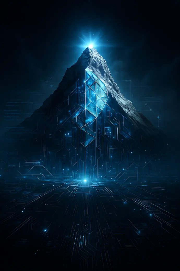 A glowing futuristic mountain rises in a dark, digital landscape. The mountain is partially transparent, with illuminated blue geometric patterns and circuitry integrated into its surface, symbolizing the fusion of nature and advanced technology. At the peak, a bright light shines, casting a radiant blue glow across the scene, evoking themes of innovation, progress, and the summit of digital transformation.